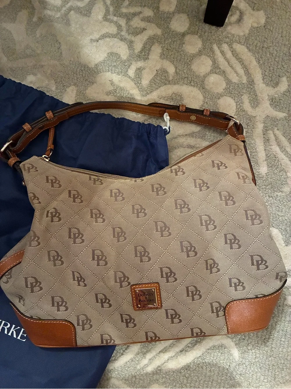 Dooney & Bourke Tan Logo Quilted Hobo with Cognac Trim Purse